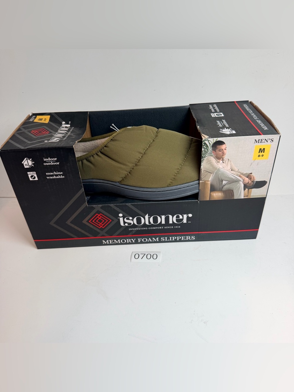 isotoner Men's Olive Quilted Memory Foam Slip-Ons with Gray Sole